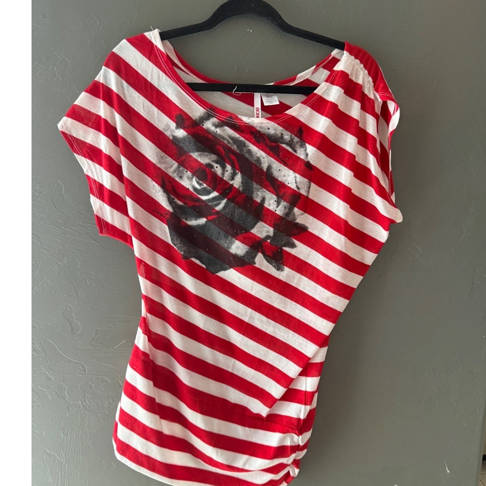 Bongo Y2k Emo Grunge Red White Striped Rose Graphic Rhinestone Dolman Top Large